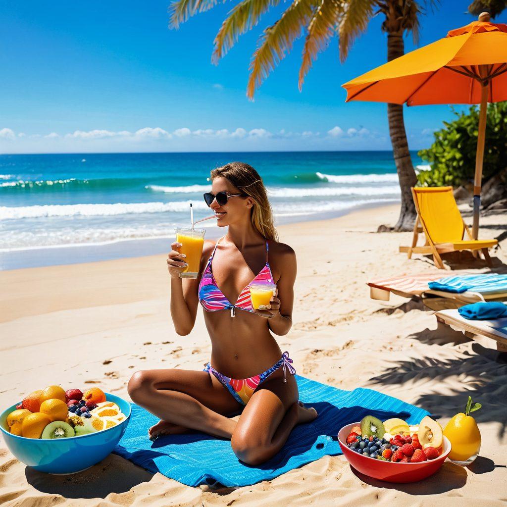 A stunning beach scene with a stylish woman in a trendy bikini, enjoying a healthy smoothie bowl topped with yogurt and fresh fruits. The sun is shining, creating sparkling reflections on the water, while colorful beach umbrellas and towels are spread across the golden sand. Include a playful atmosphere with beach balls and people surfing in the background. Emphasize vibrant colors and a cheerful mood. super-realistic. vibrant colors. sunny background.