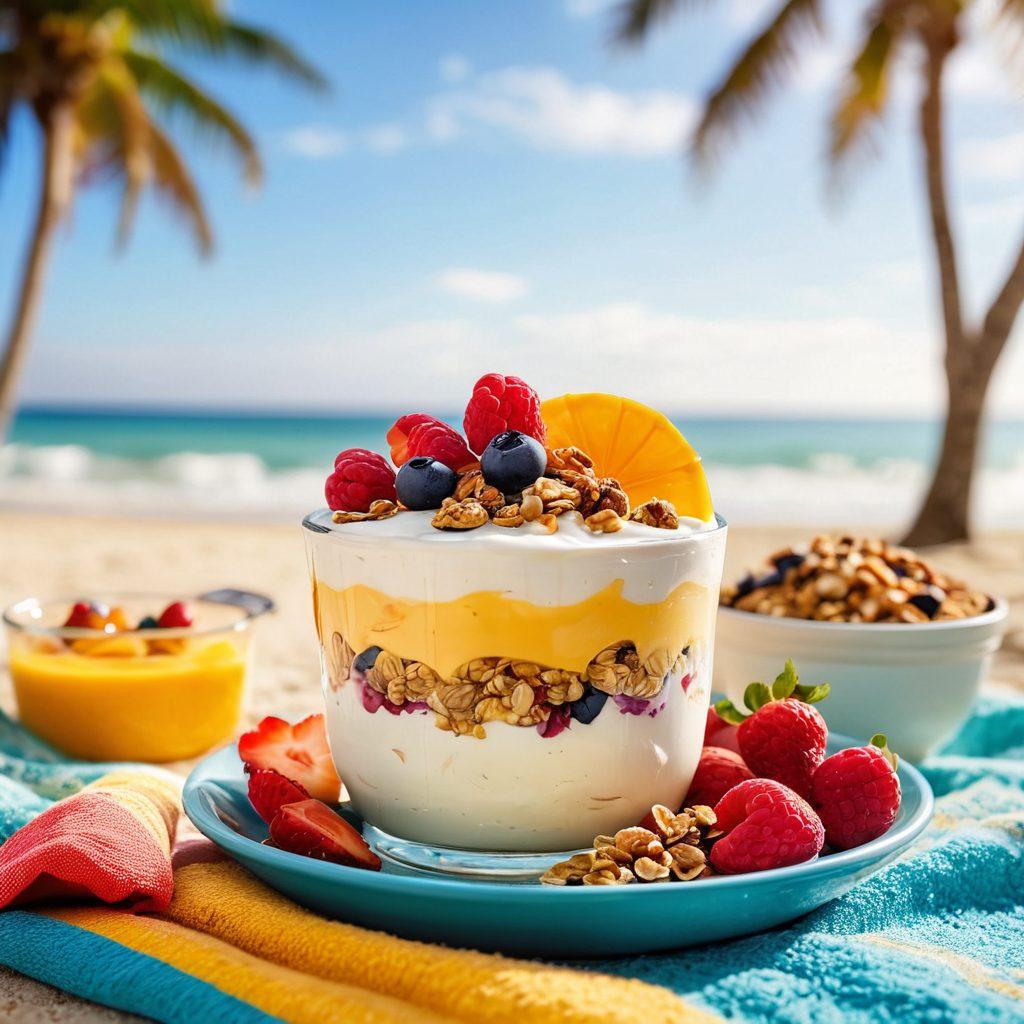 A vibrant beach scene with a sunny sky, featuring a person enjoying a yogurt parfait topped with fresh fruit and granola. Surrounding them are beach essentials like a colorful towel, sunscreen, and sunglasses, with gentle waves lapping in the background. The focus is on the yogurt dish, highlighting its health benefits for a refreshing beach day. beach vibes. super-realistic. bright colors.